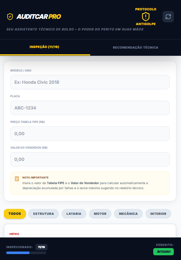 Interface do AuditCar PRO - tela 1